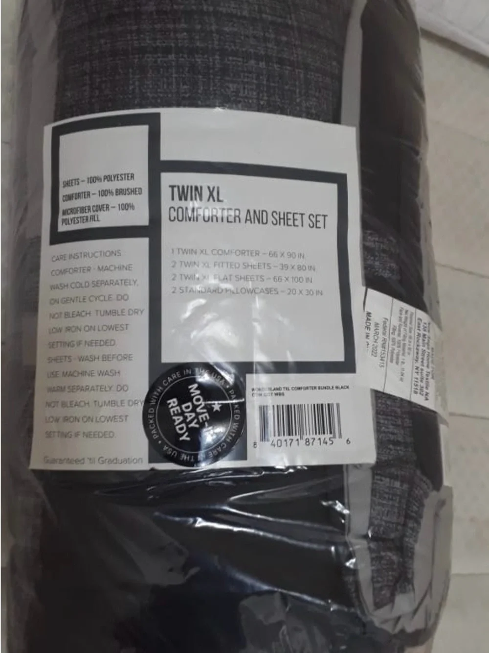 Twin XL Comforter and Sheet Set - Black and Gray